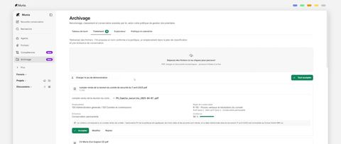 Onglet Traitement de l'outil Archivage dans Munia : proposition de nom, d'emplacement et d'échéance pour un document, avec un indice de confiance.